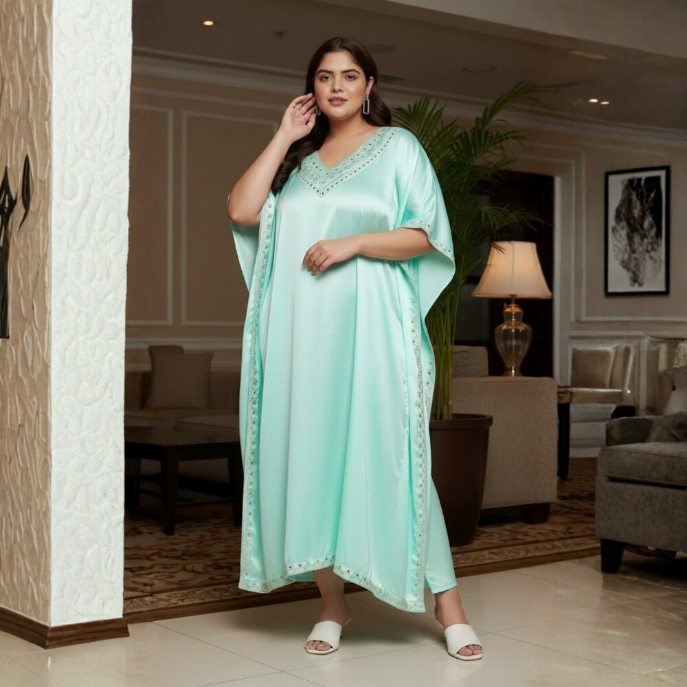 Gypsie Blu Solid with Embroidery Ice Green Satin Women Dubai Kaftan Dress